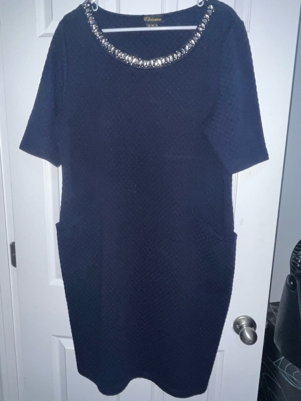 Jeweled Scoop Neck Quilted Navy Midi Dress